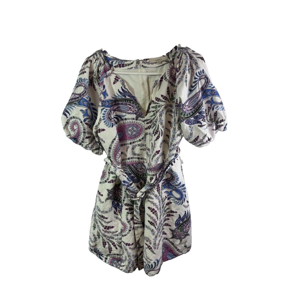 LOFT Paisley Print Linen-Blend Puff-Sleeve Belted Dress Size 10